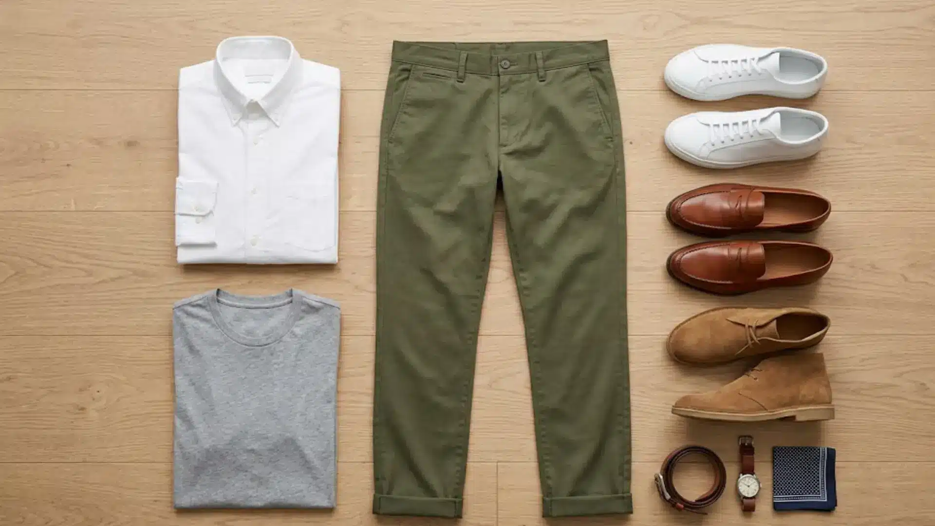 Flat lay of green chinos with white shirt, gray tee, sneakers, loafers, boots, and accessories on wood floor