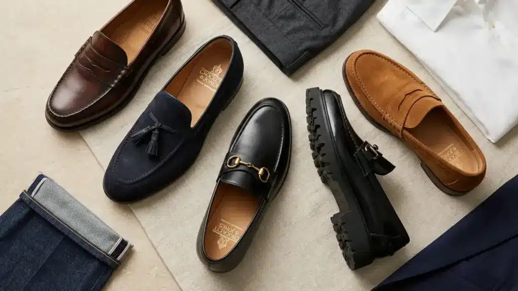Flat lay showing types of loafers including penny tassel horsebit and lug sole styles with folded clothing outfit styling