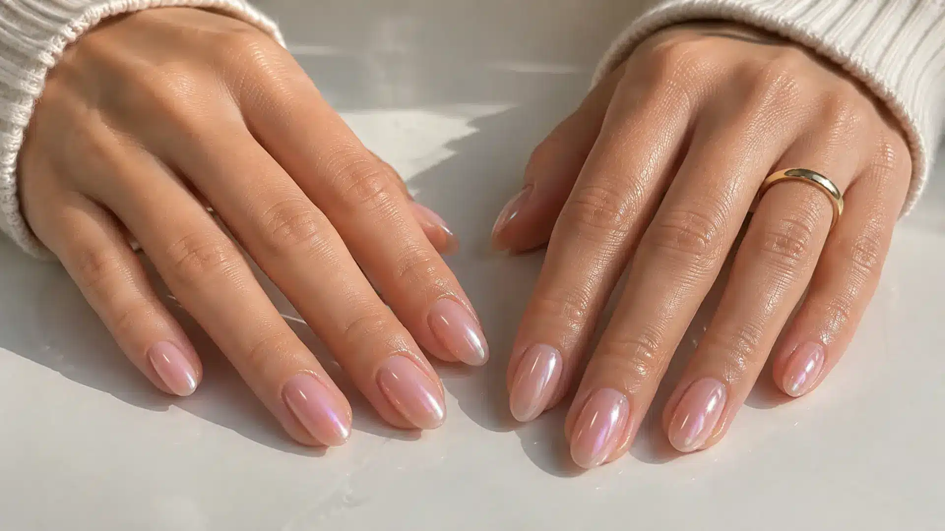 Flat-lay of manicured hands showing minimalist nail designs on a white table background
