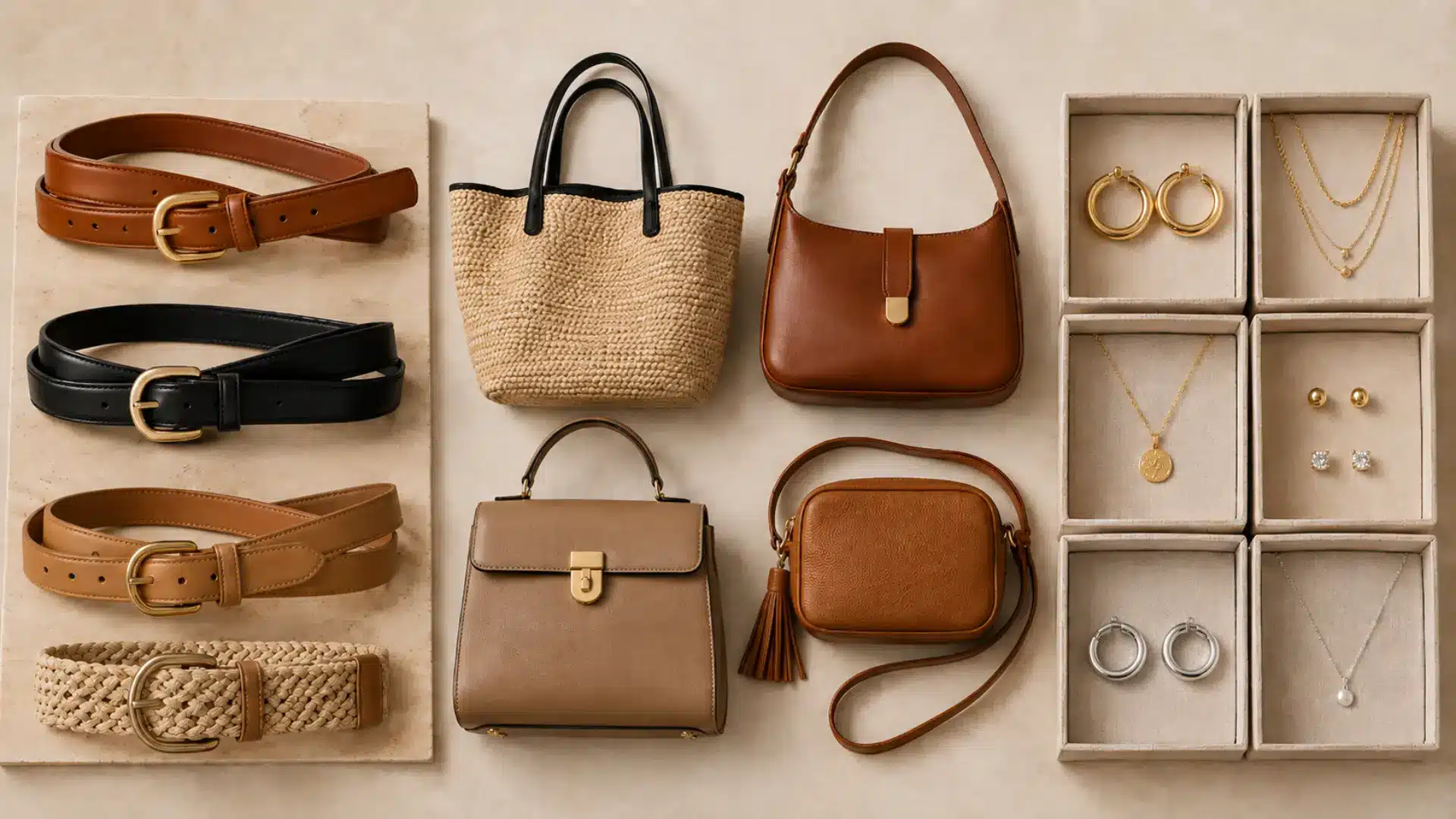 Flat lay of belts, handbags, and jewelry displayed in two equal boxes on a beige fashion backdrop