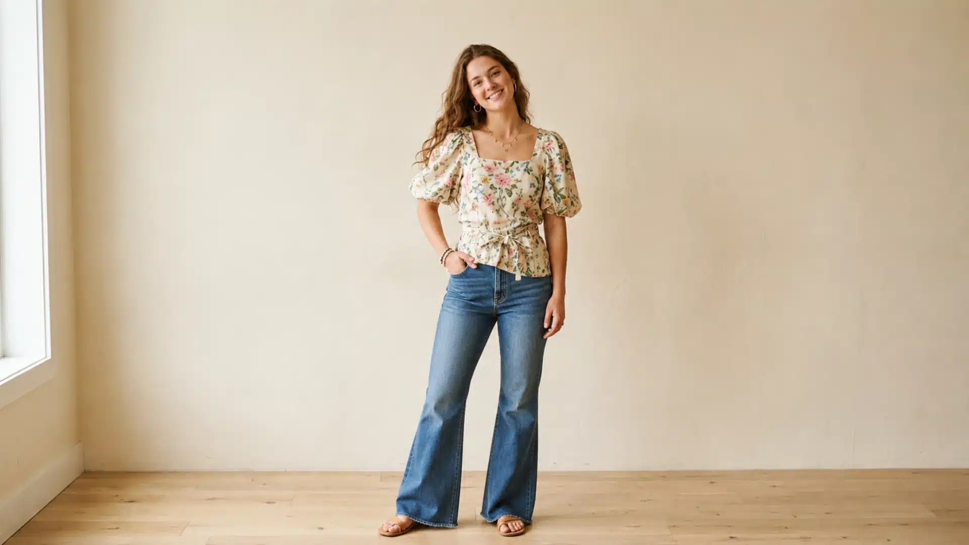 Floral puff sleeve top paired with blue flare jeans and tan flat sandals in casual style