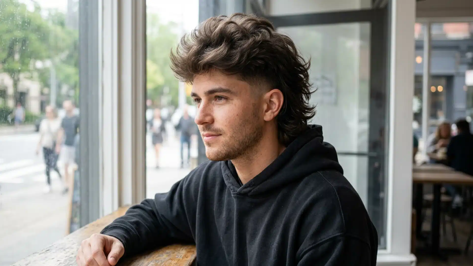 Fluffy mullet fade hairstyle with voluminous textured layers, faded sides, and modern casual café style