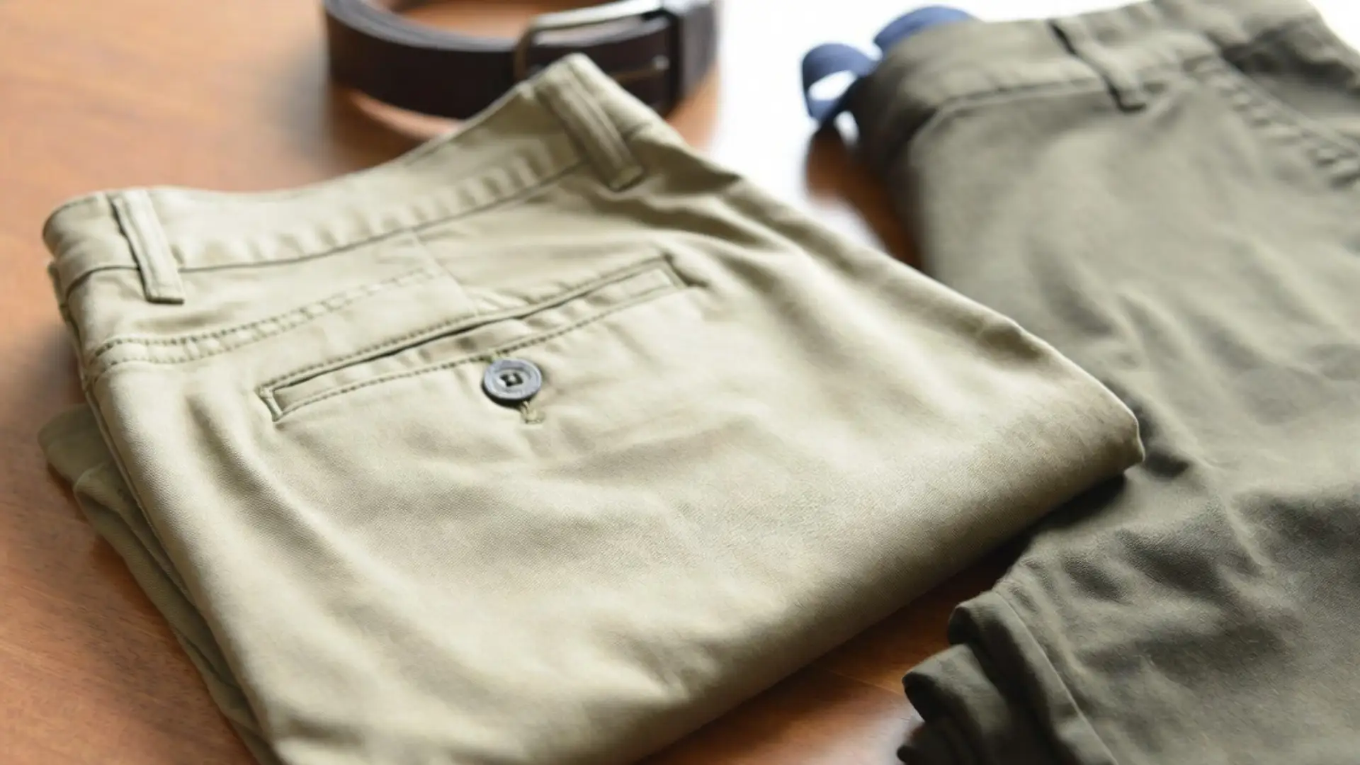 Folded khaki and olive chinos on wooden table with leather belt, highlighting fabric texture and back pocket detail