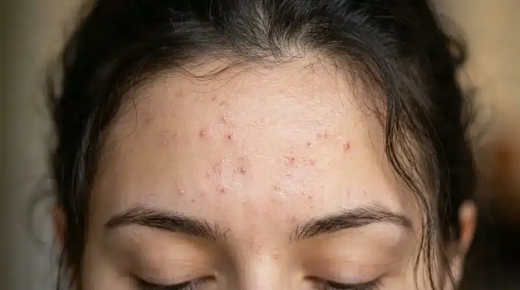 Forehead with multiple tiny acne bumps and clogged pores showing early stage breakouts
