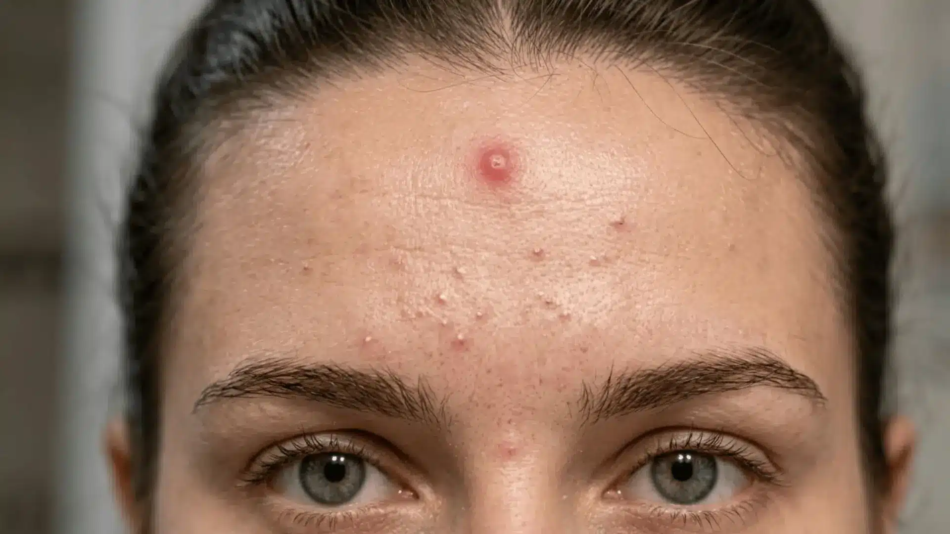 Forehead with one inflamed pimple and several small acne bumps above the eyebrows