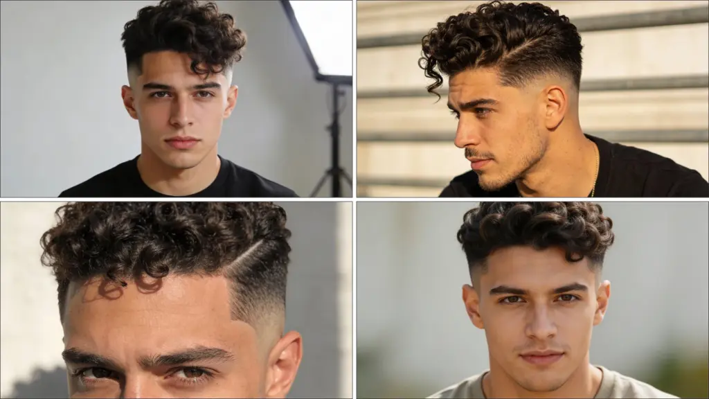 Four images of haircuts for curly hair men featuring a high skin fade and voluminous natural curls on top(1)