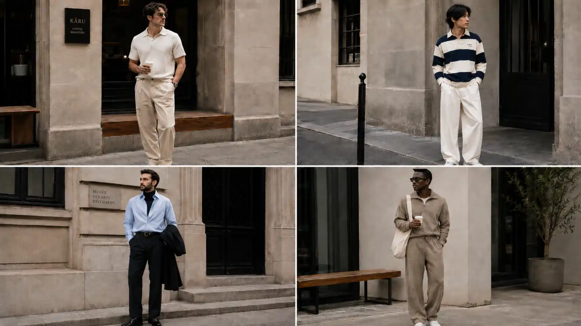 Four men’s casual outfit collage with knit polo, rugby shirt, layered poplin, and knit set