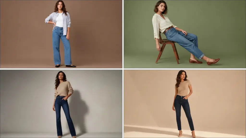 Four women modeling different blue denim jeans styles with neutral tops in a studio setting