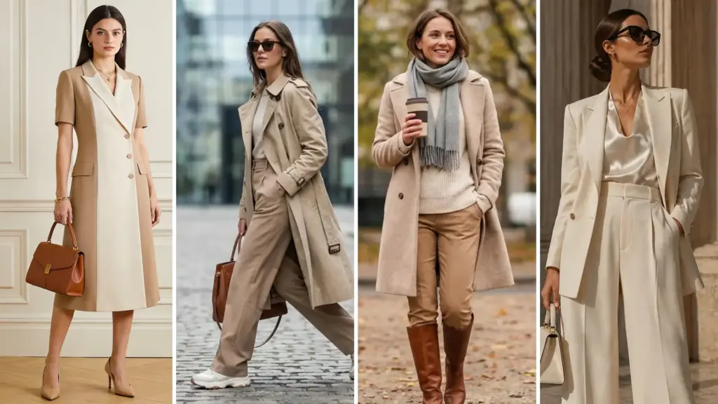 Four women modeling elegant outfits in neutral beige, cream, and tan tones for professional and seasonal fashion.