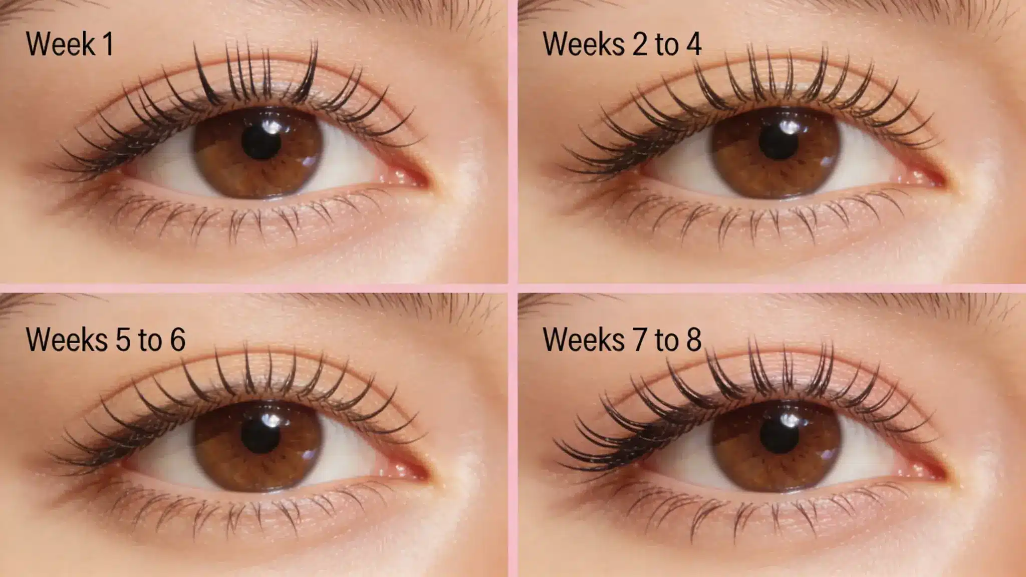 Four images of lash growth progression from Week 1 to Week 8 showing longer and fuller eyelashes over time.web