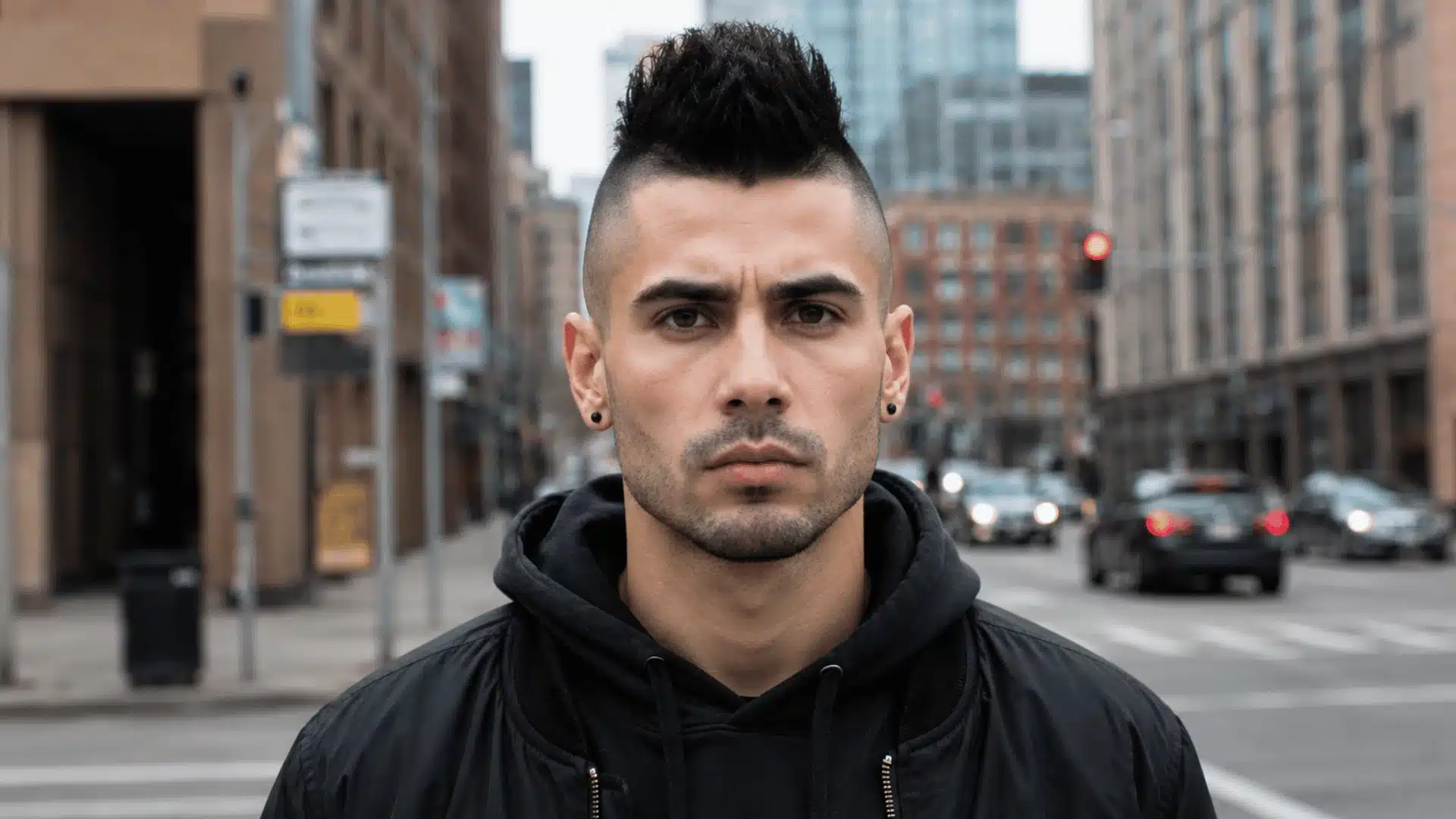 Front-facing portrait of a man with a high-fade mohawk in a city street, natural daylight