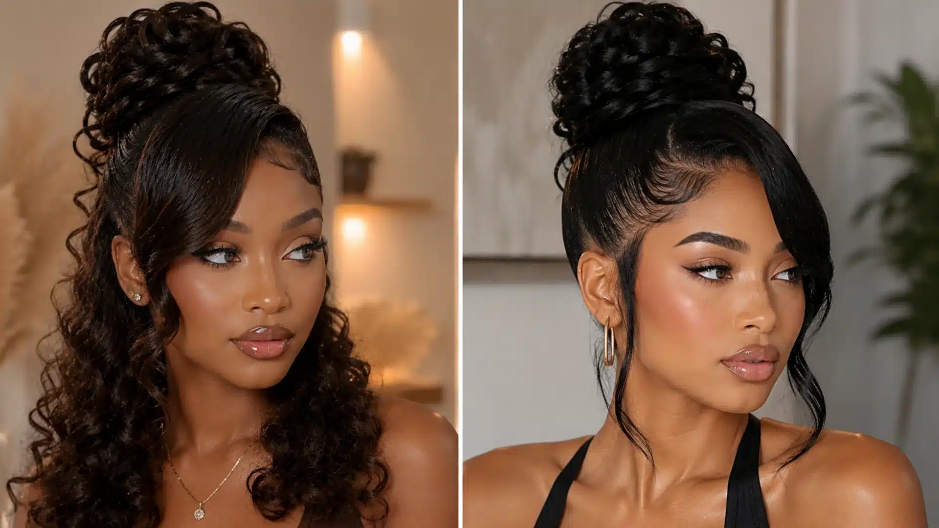 Frontal sew in updo with a high curly bun, side-swept bangs, laid edges, and face-framing tendrils