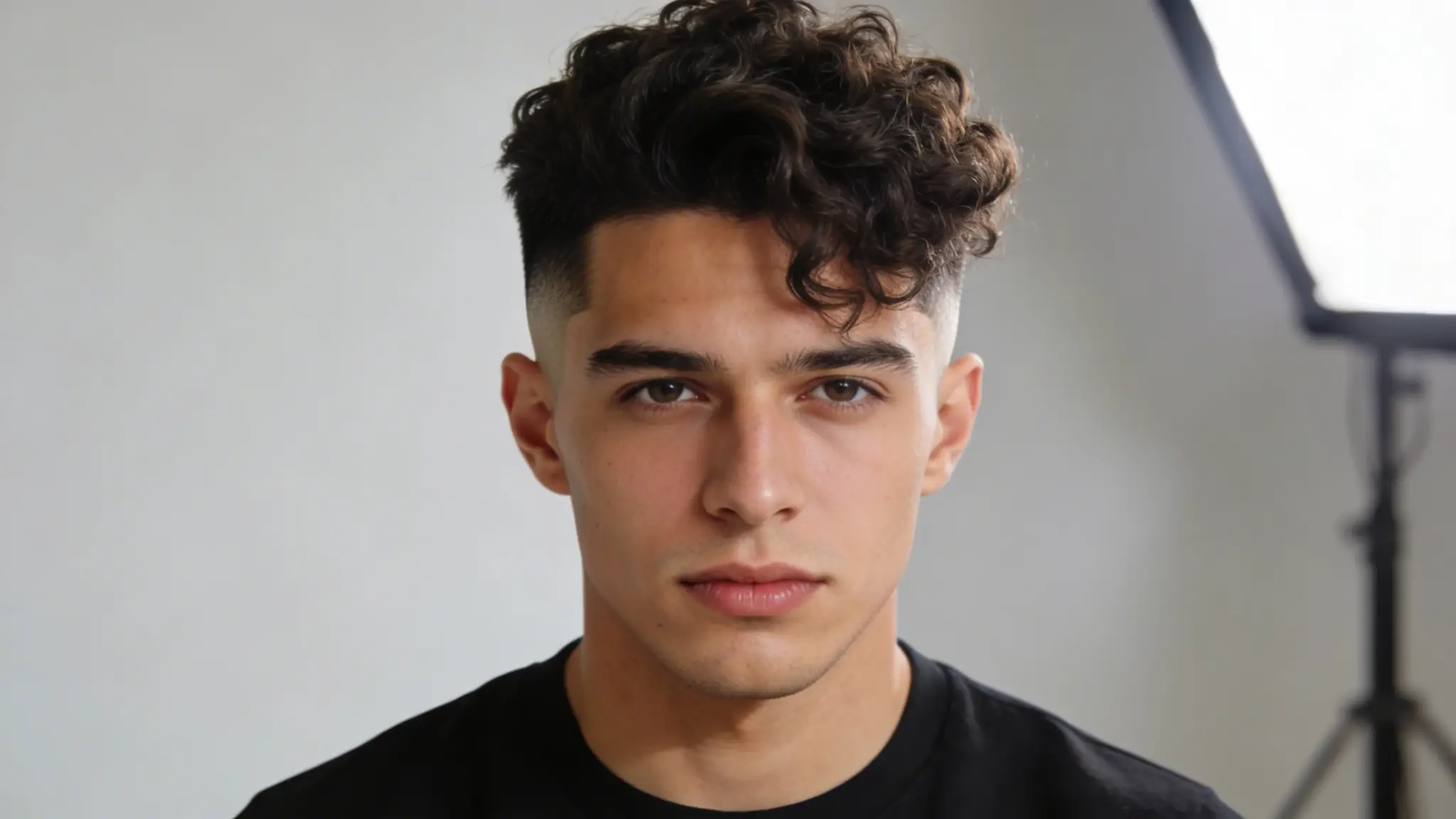 Frontal view of a man with voluminous, messy curls on top and a high skin fade.