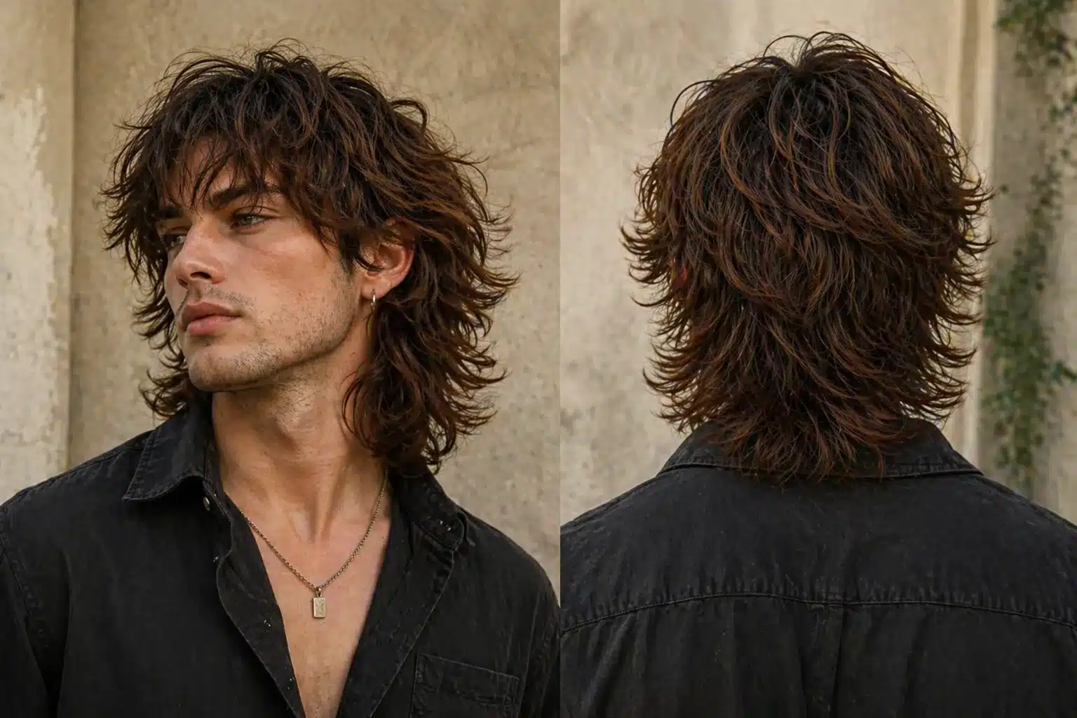 Front and back views of a man with a long brown shaggy wolf cut hairstyle and a black button down shirt