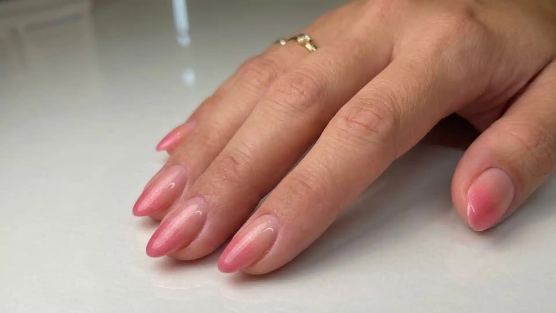 Frosted Jelly Nails in soft pink ombre fade, glossy finish, natural gradient look, clean minimal nail design