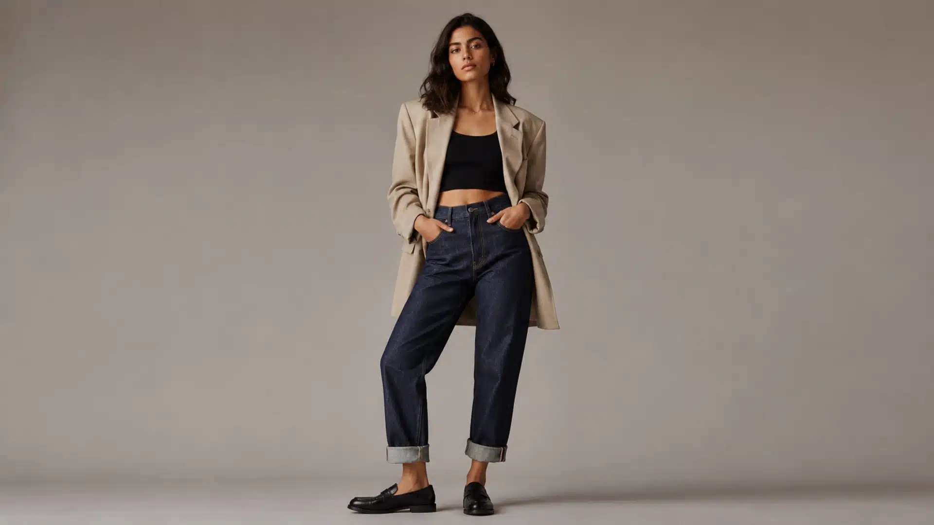Full-length photo of a woman in a beige blazer, black crop top, cuffed dark jeans, and loafers against a gray background