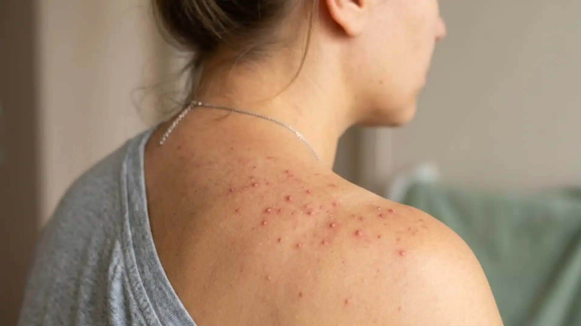 Fungal acne with small red bumps and inflamed breakouts across shoulder and upper back skin