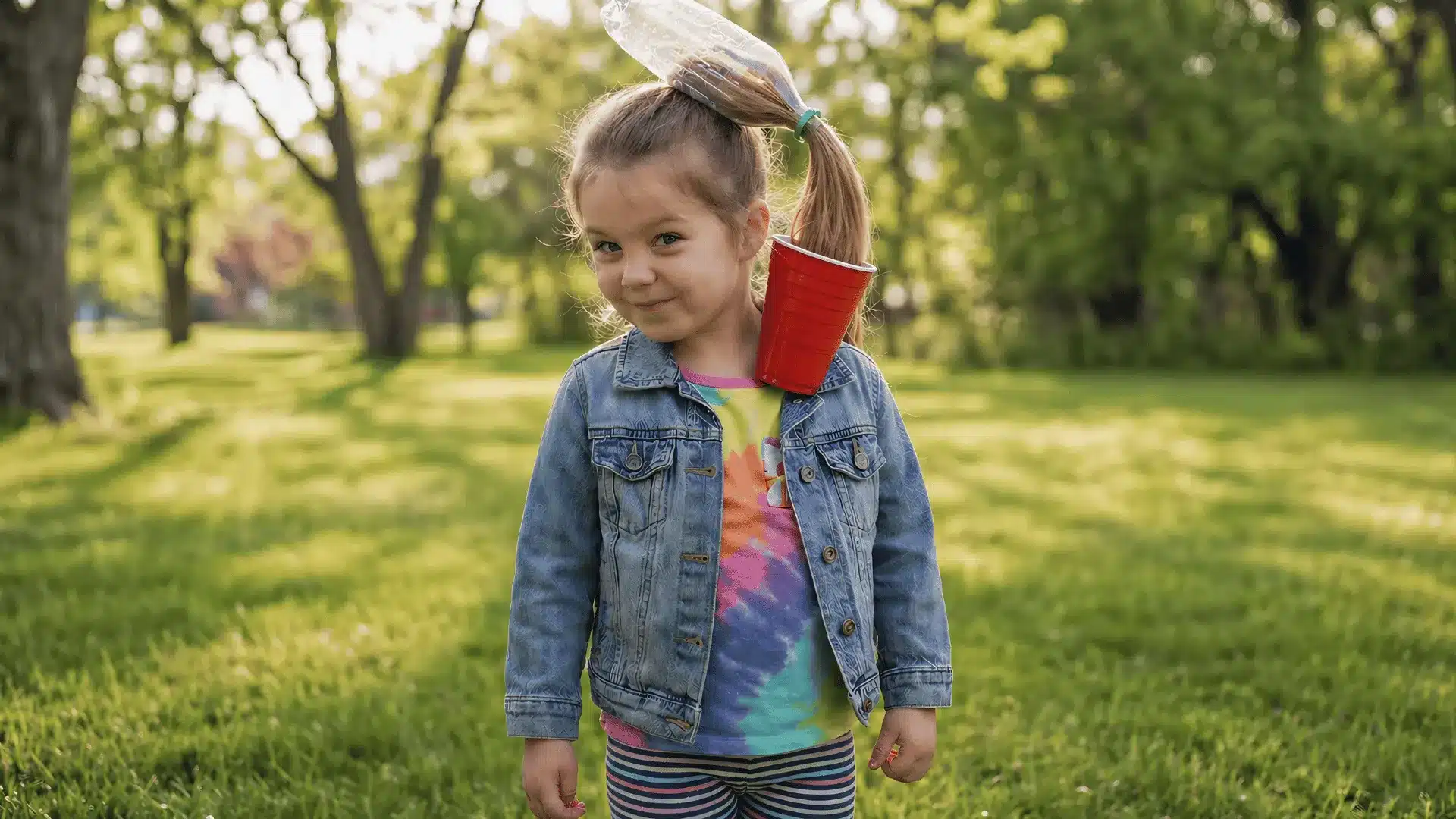 Girl balancing bottle and cup on head in park with playful expression