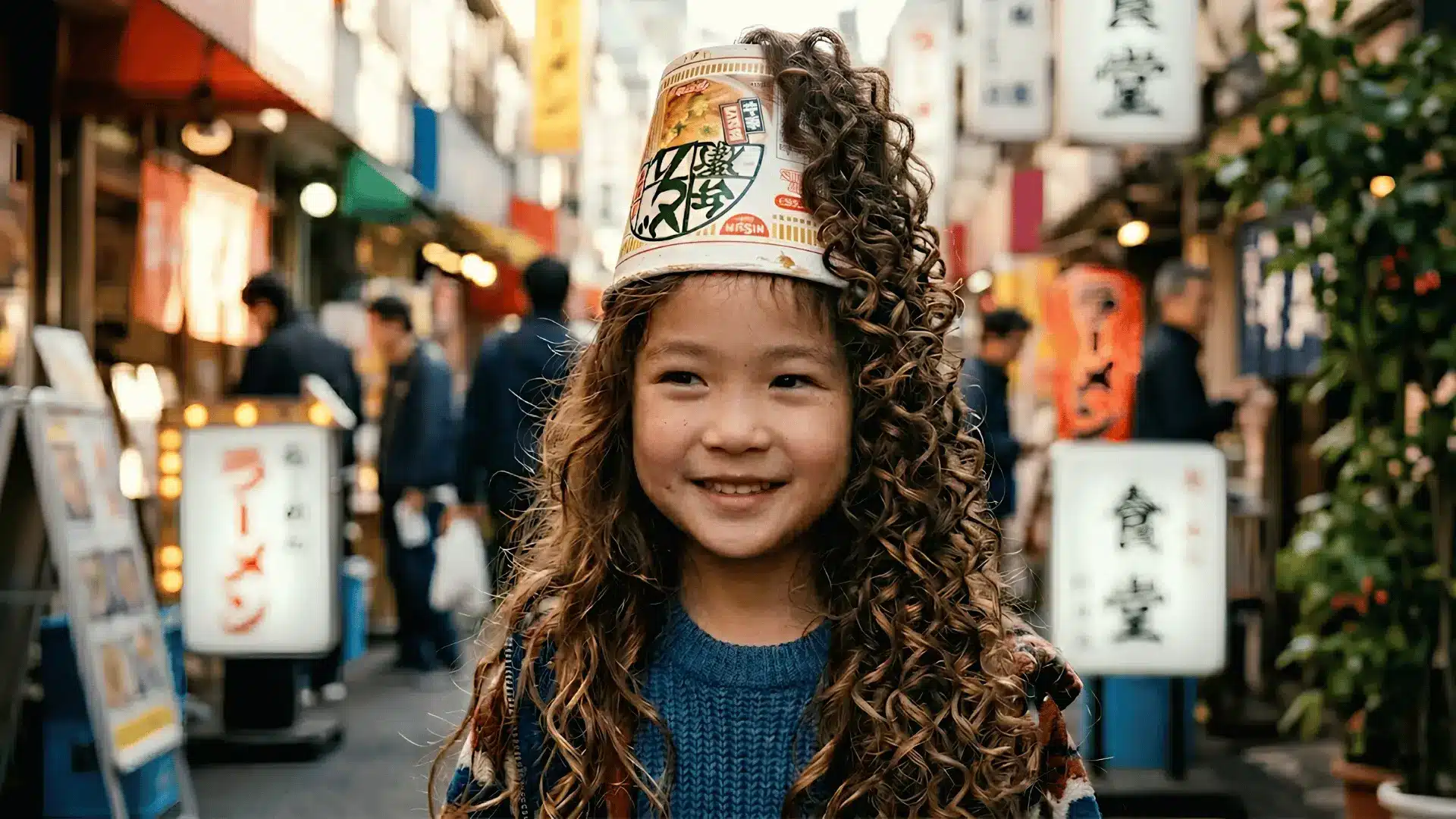 Girl wearing noodle cup as hat and curly hair in busy street