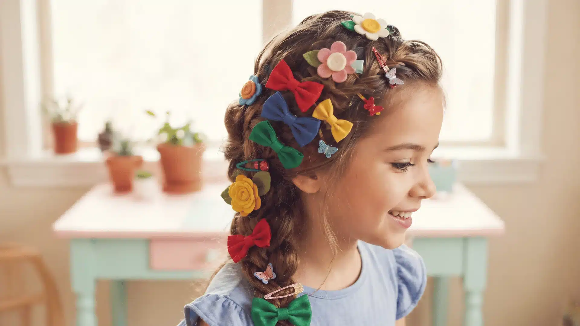 Girl with braid decorated with bows and clips indoors