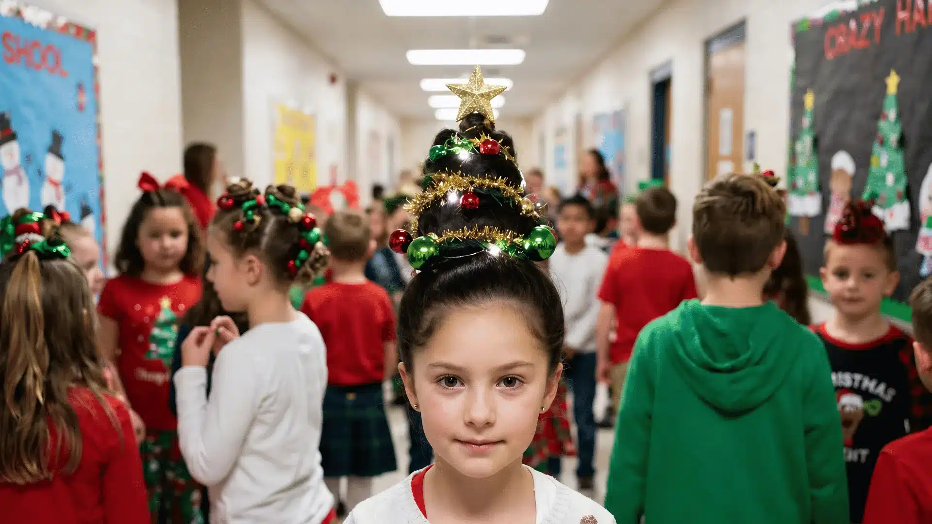 Girl with Christmas tree hairstyle decorated with ornaments in school hallway