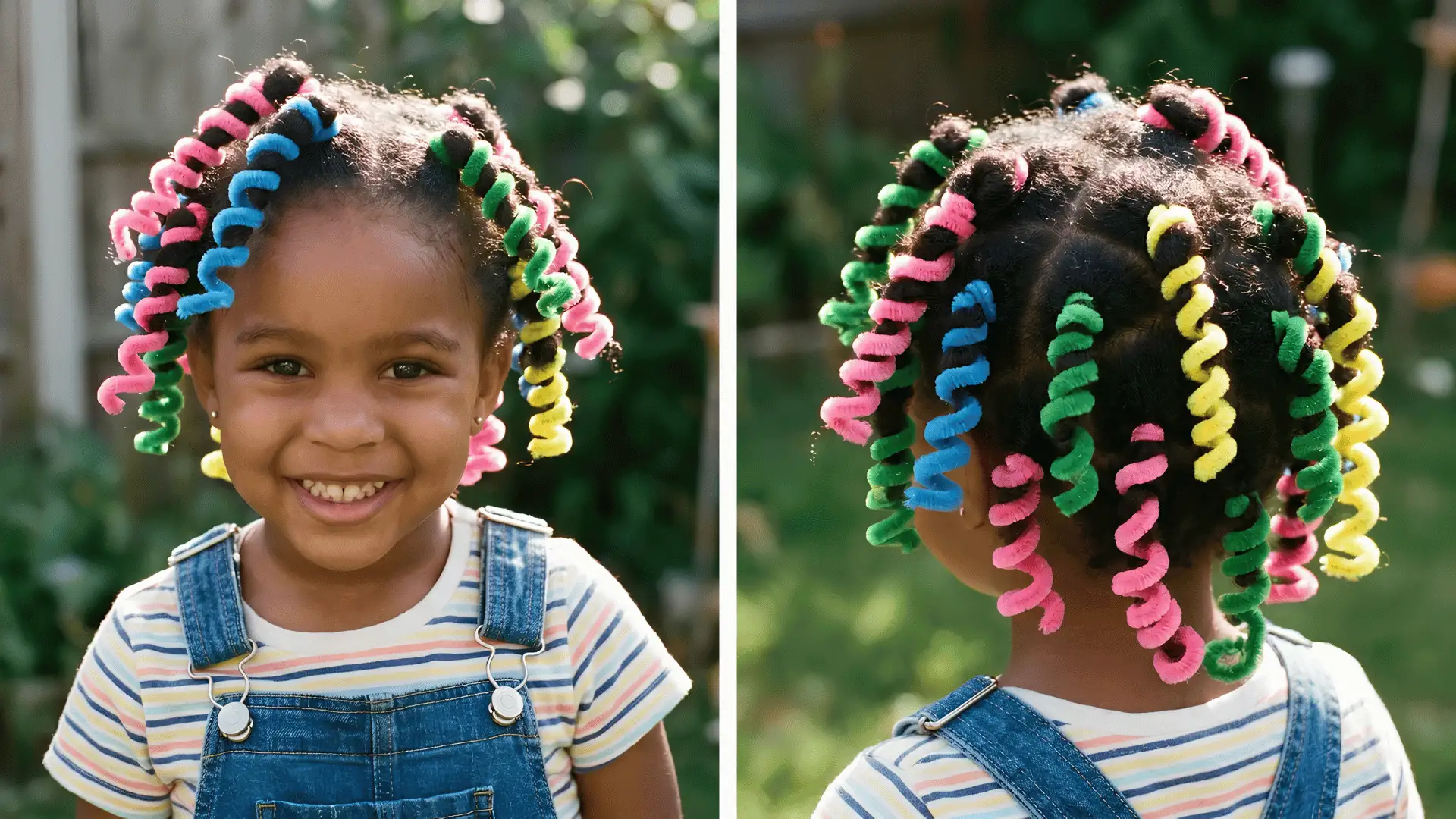 Girl with colorful pipe cleaner curls smiling in split view front and back
