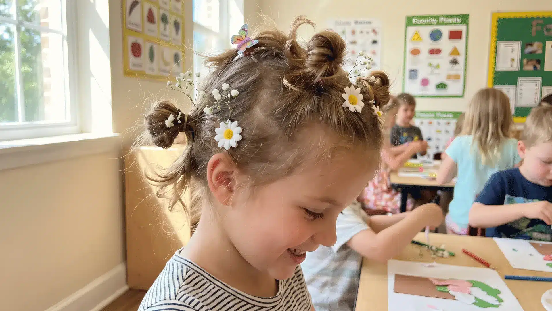 Girl with flower-decorated hair working on crafts in classroom