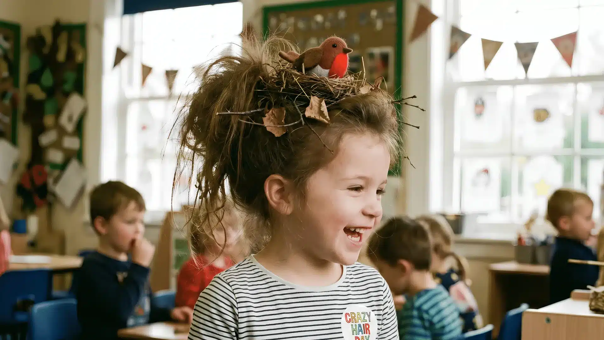 Girl with messy nest hairstyle and toy bird smiling in class