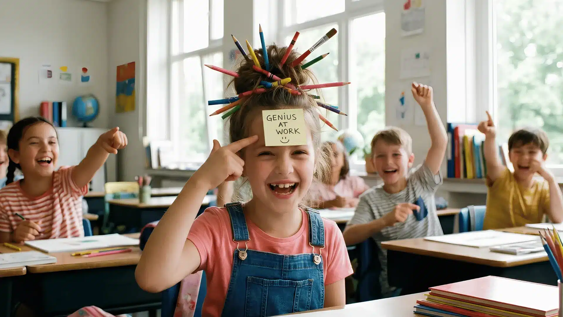 Girl with pencils in bun and note on forehead saying genius at work