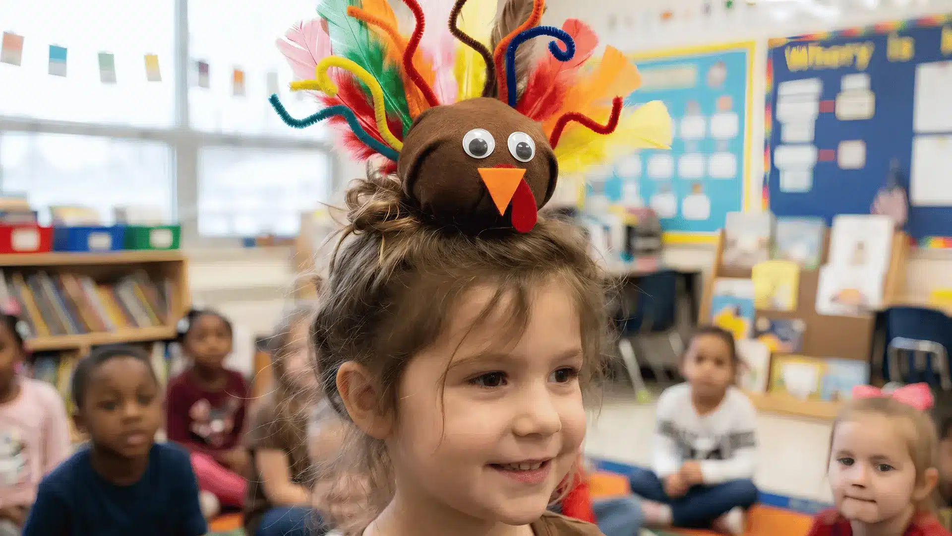 Girl with turkey themed hair craft smiling during class activity
