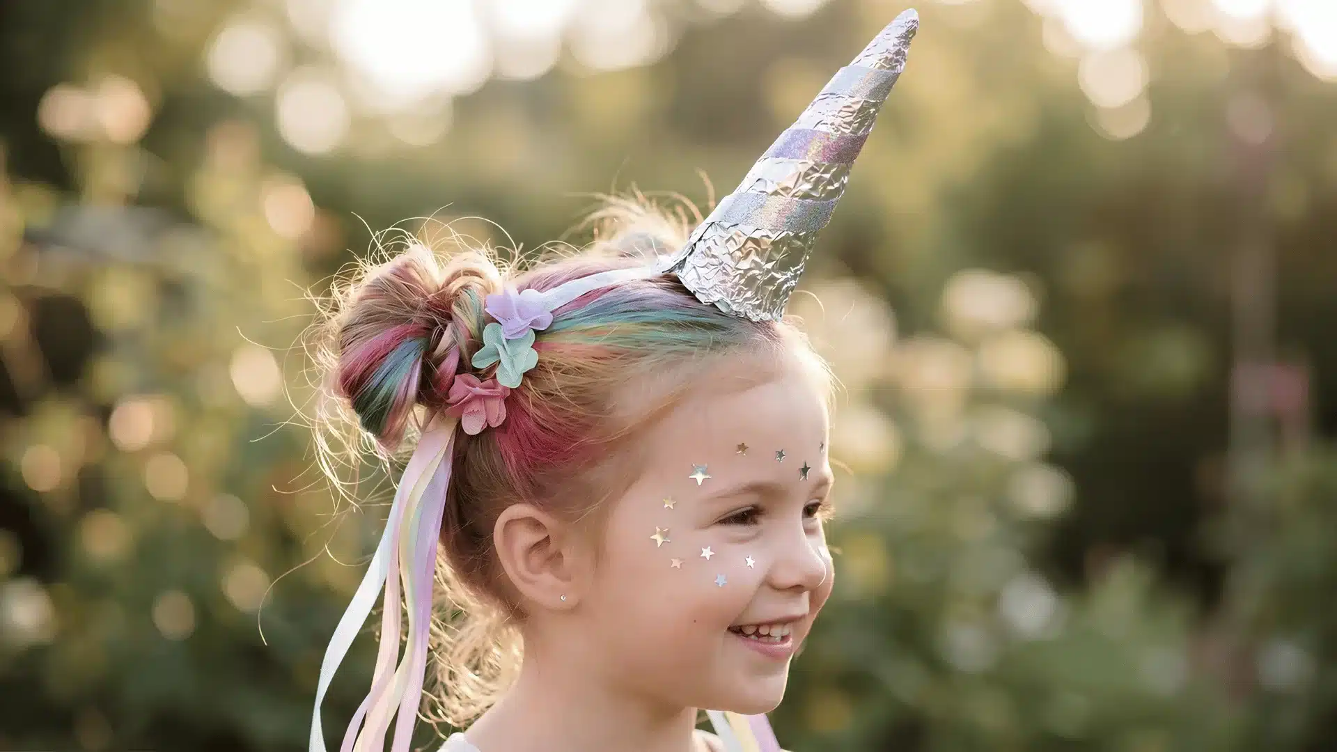 Girl with unicorn horn and colorful braided hair smiling outdoors