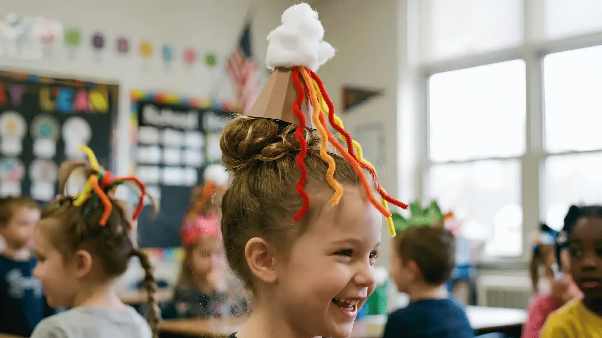 Girl with volcano themed hair craft smiling in class