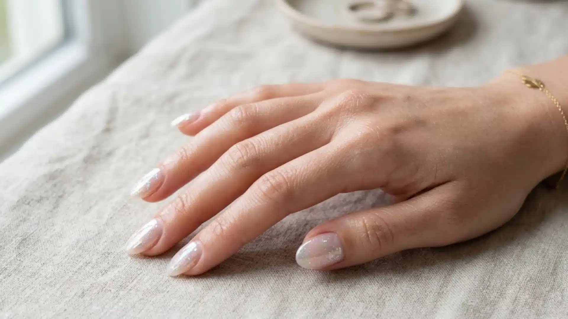Glass Skin Nails in sheer milky pink, subtle shimmer finish, clean natural look in soft lighting