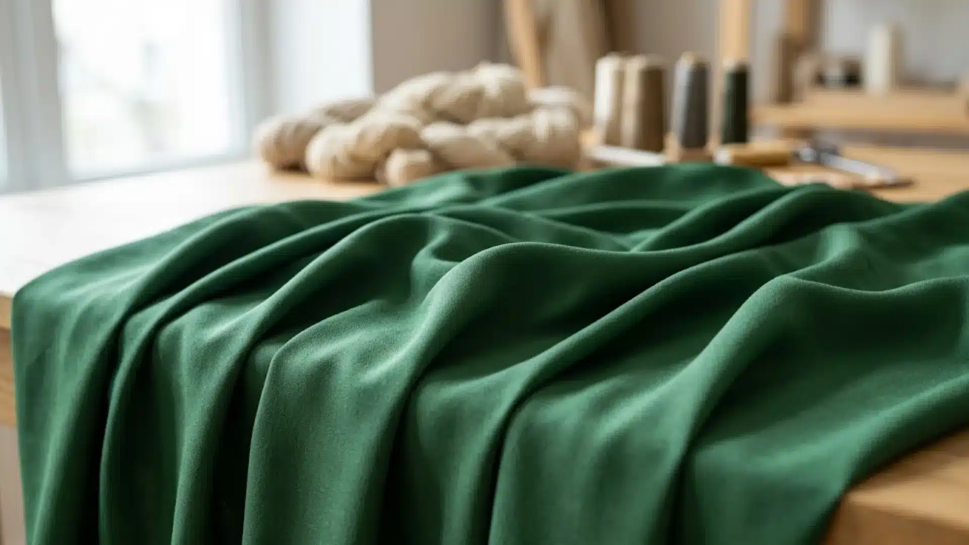 Green viscose fabric draped on a table with a soft, smooth, and silky texture indoors