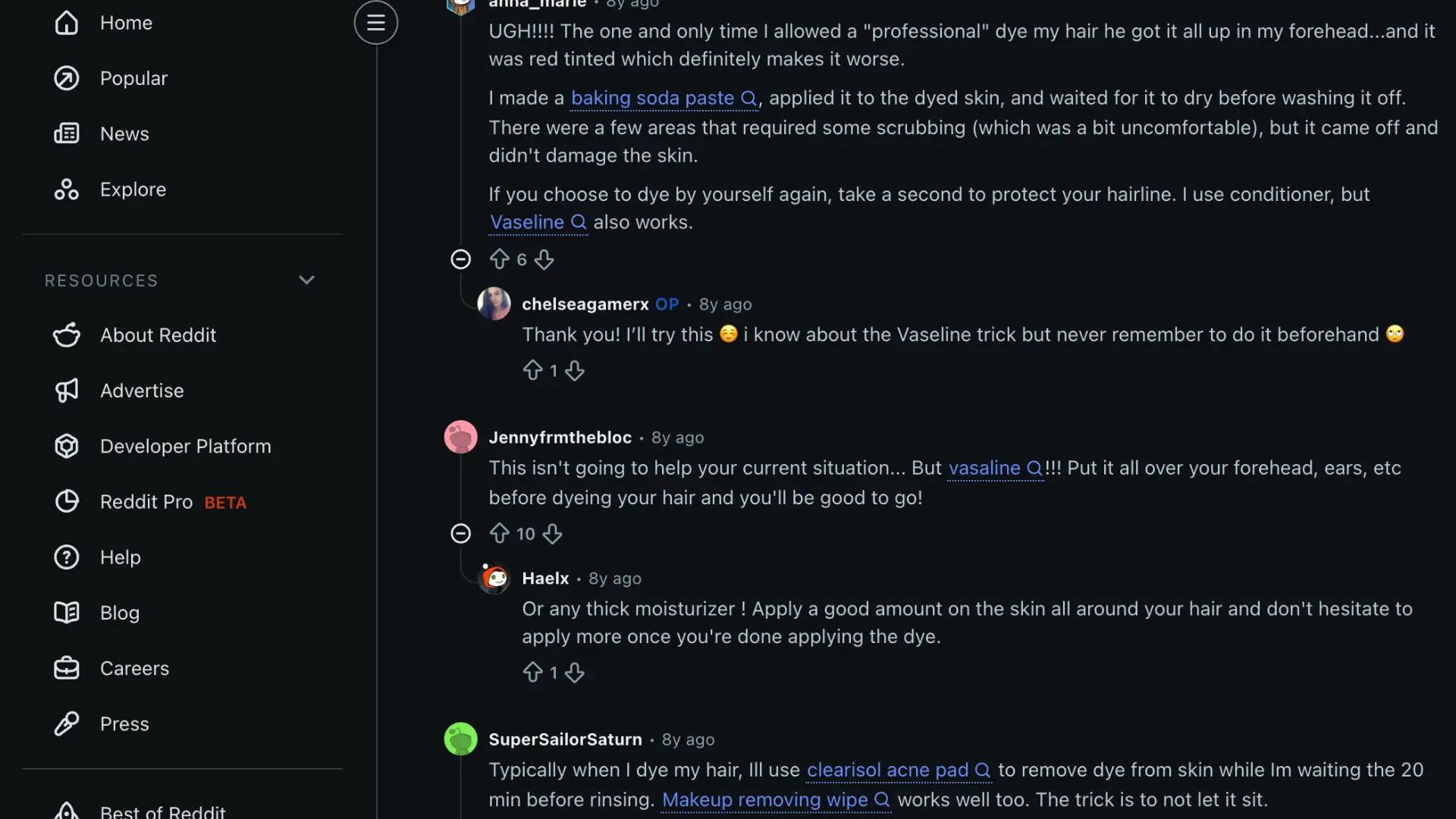 hair dye stain removal conversation on reddit