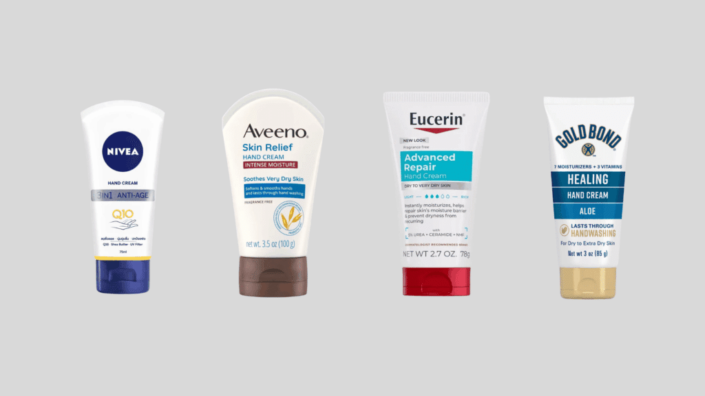 Hand cream tubes from Nivea, Aveeno, Eucerin, and Gold Bond displayed on a light gray background