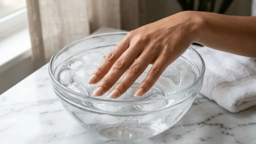 Hand dipping freshly painted nails into a bowl of ice water to help nail polish set faster