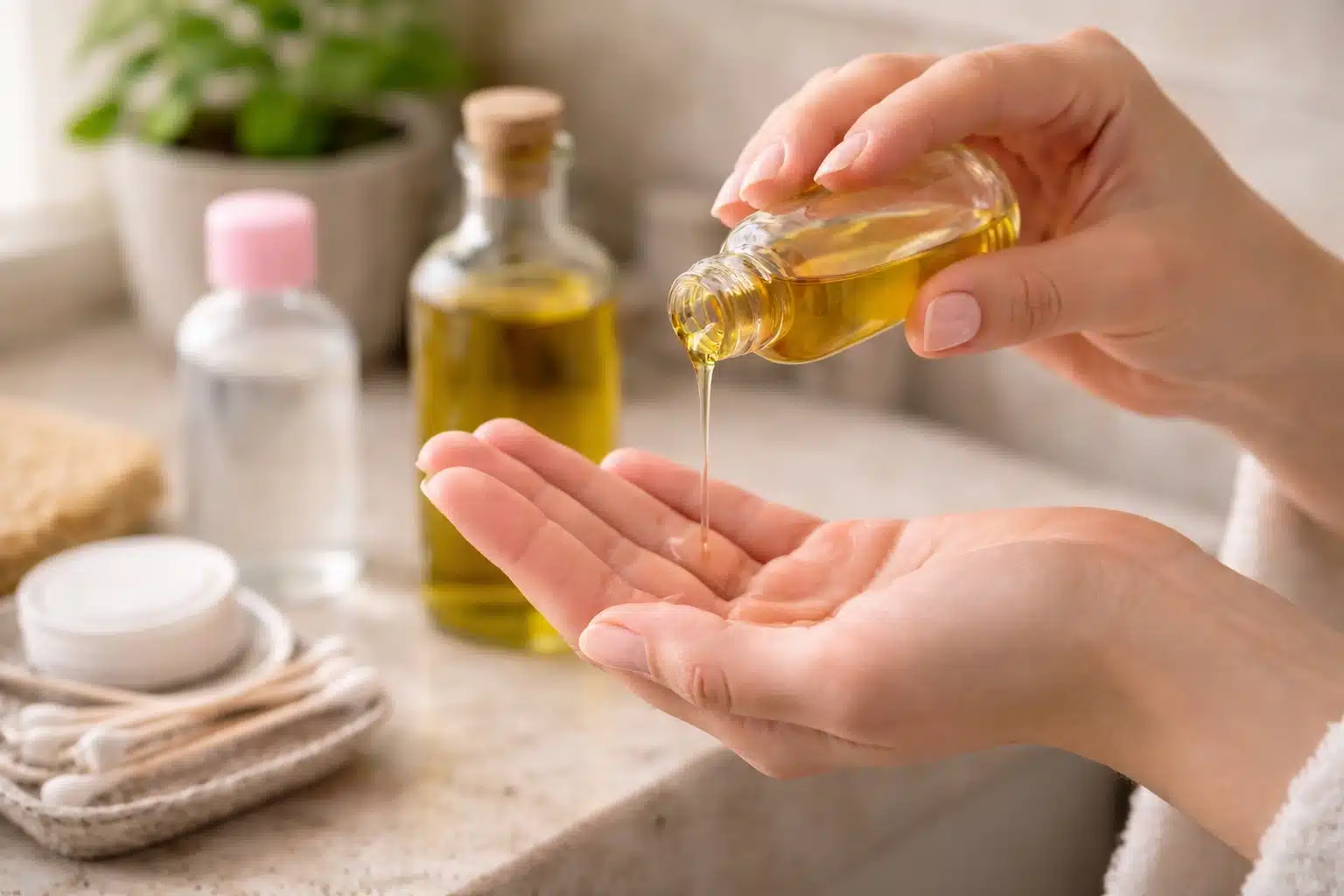 Hand pouring olive oil onto palm in a bathroom setting to gently remove hair dye stains from sensitive skin