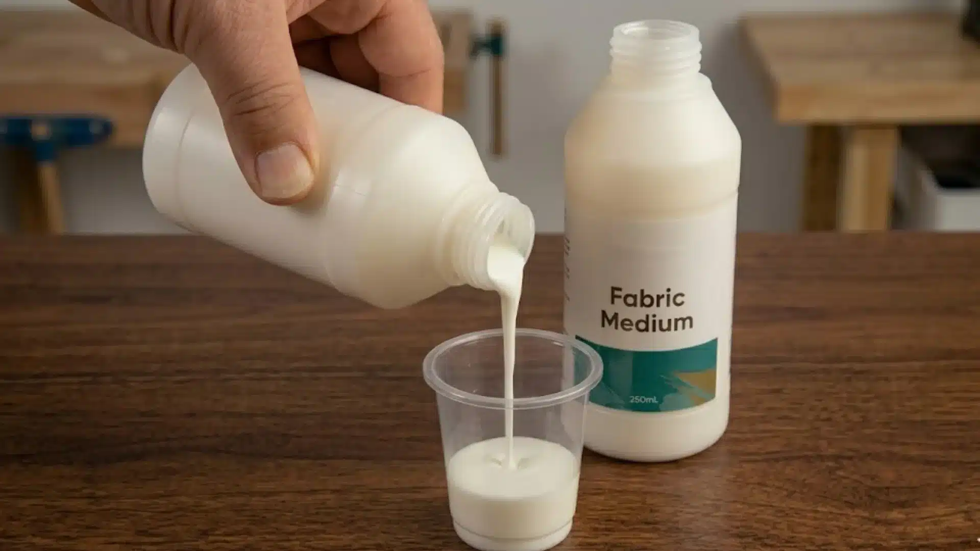 Hand pouring white fabric medium into a small plastic cup beside a labeled bottle on a wooden table