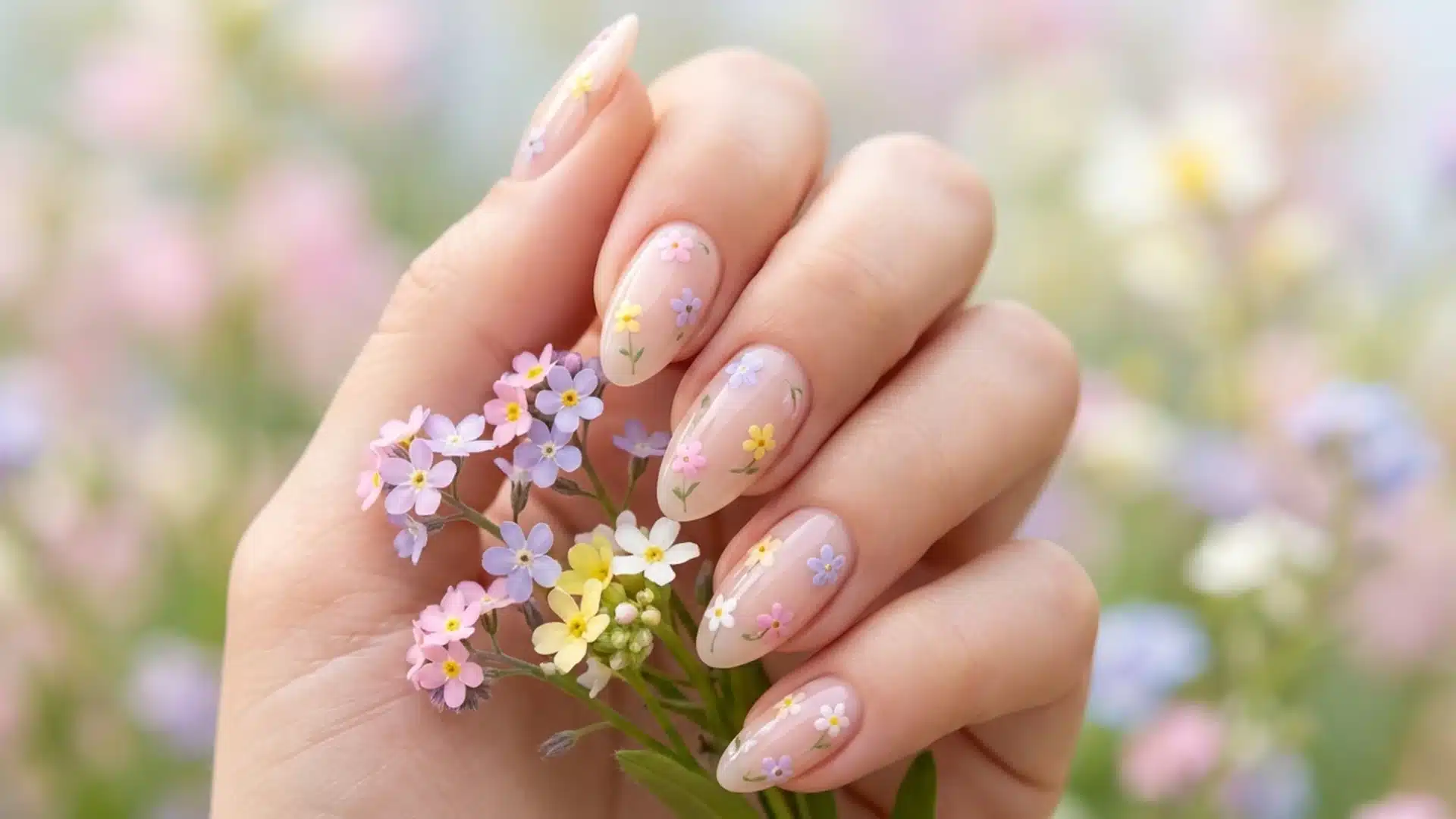 Hand with almond Floral Sprinkle nails in nude base, tiny pastel flowers, glossy finish