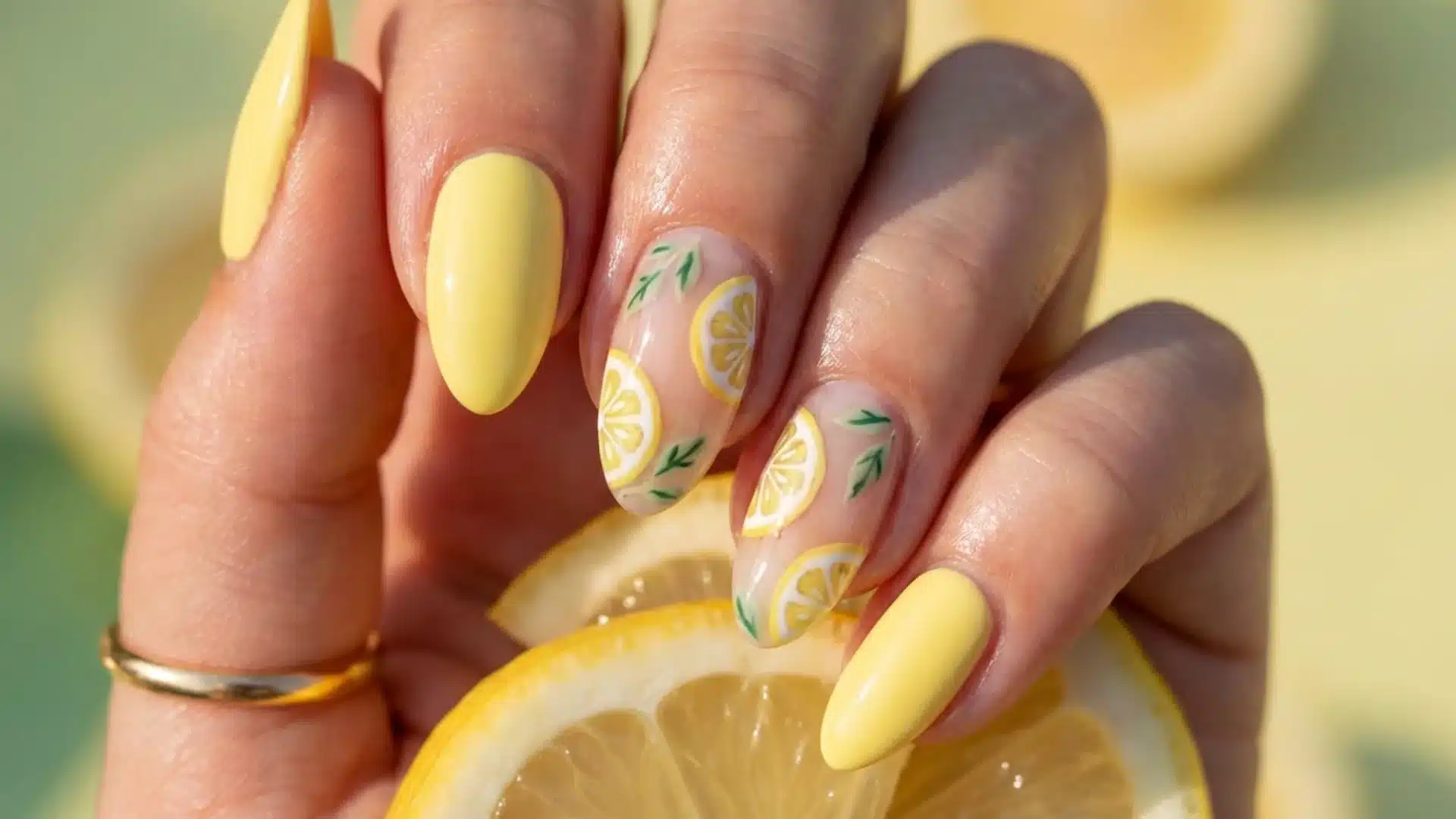 Hand with almond nails in pastel yellow with lemon slice nail art, glossy finish, fresh citrus spring design