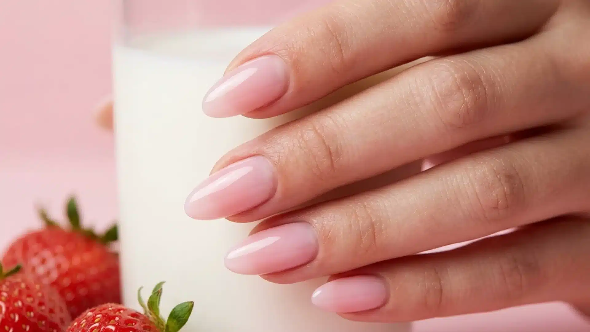 Hand with almond nails in soft milky pink finish, glossy smooth look, minimal clean nail design with strawberry theme