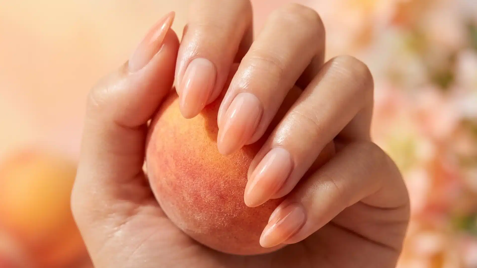 Hand with almond nails in soft peach gradient glow, glossy finish