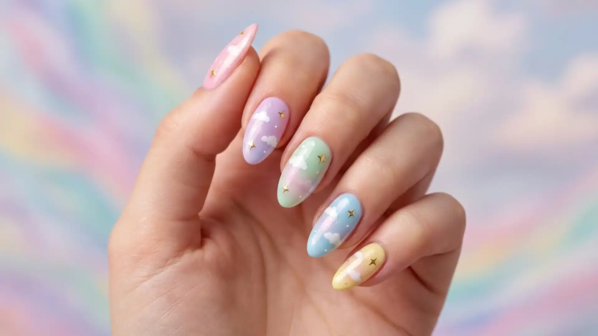Hand with almond Pastel Dream nails in soft rainbow shades, glossy finish with clouds and stars