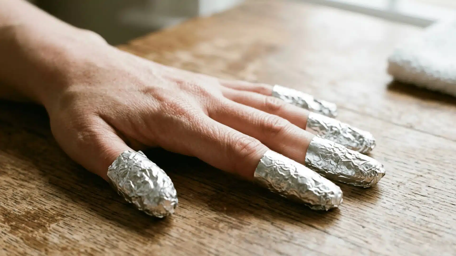 Hand with foil wrapped fingertips during gel nail removal on a wooden table