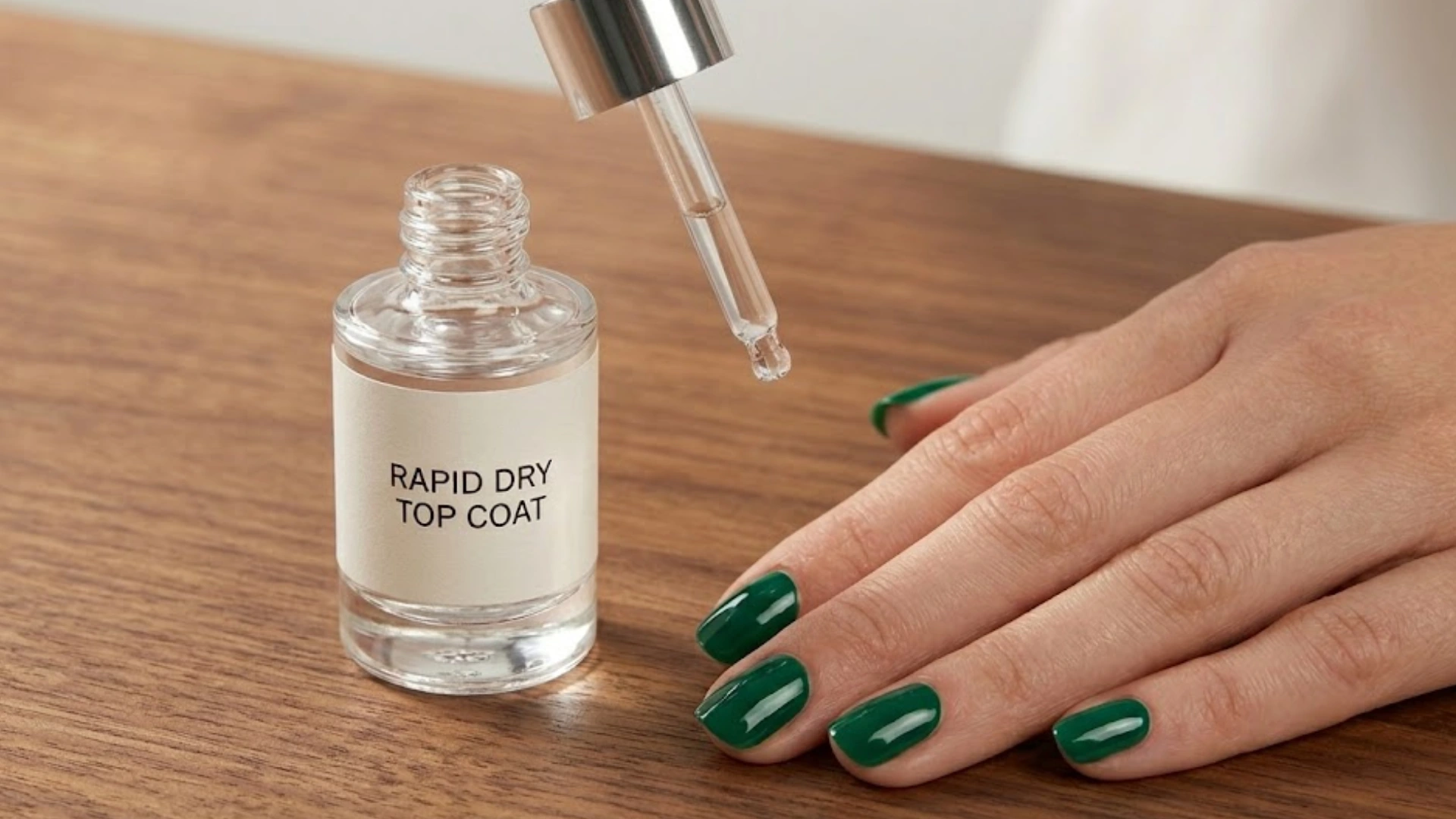 Hand with glossy green nails beside a rapid dry top coat bottle and dropper on a wooden table