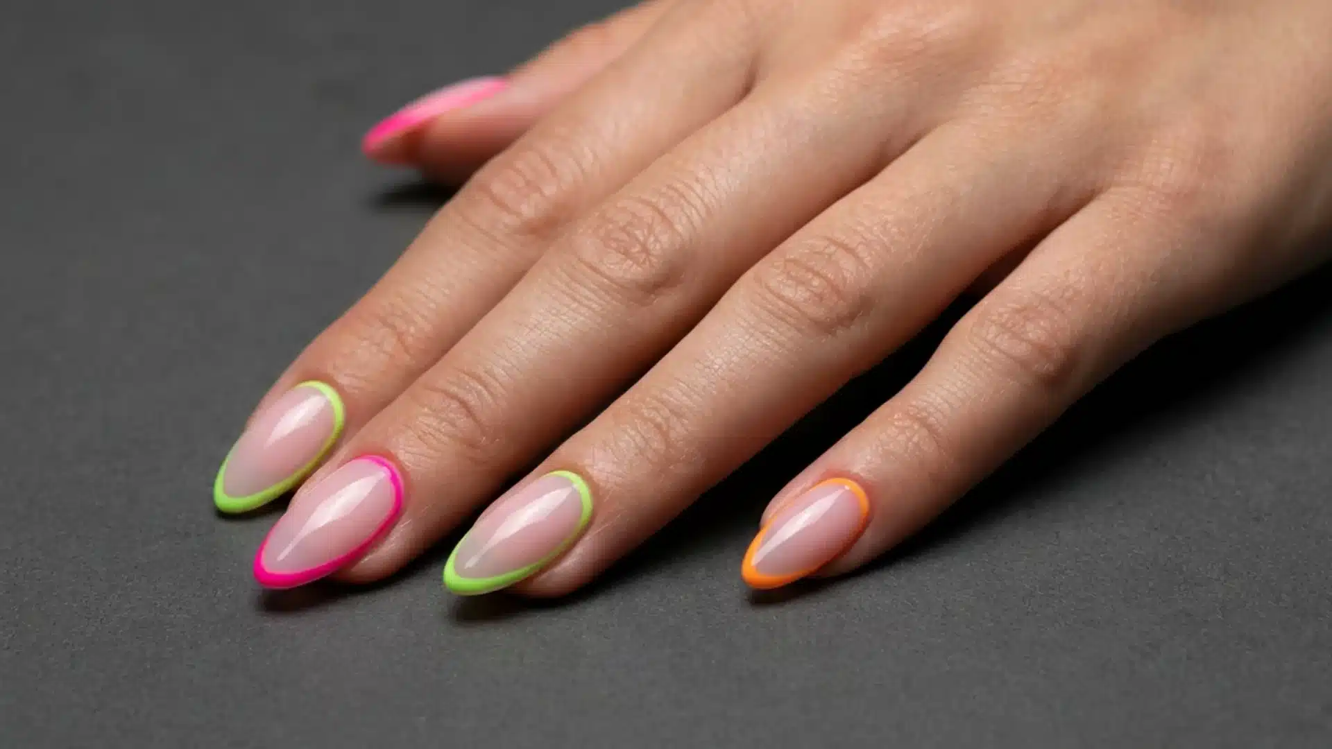 Hand with Neon Outline nails featuring nude base and bright neon edge tips on almond nails