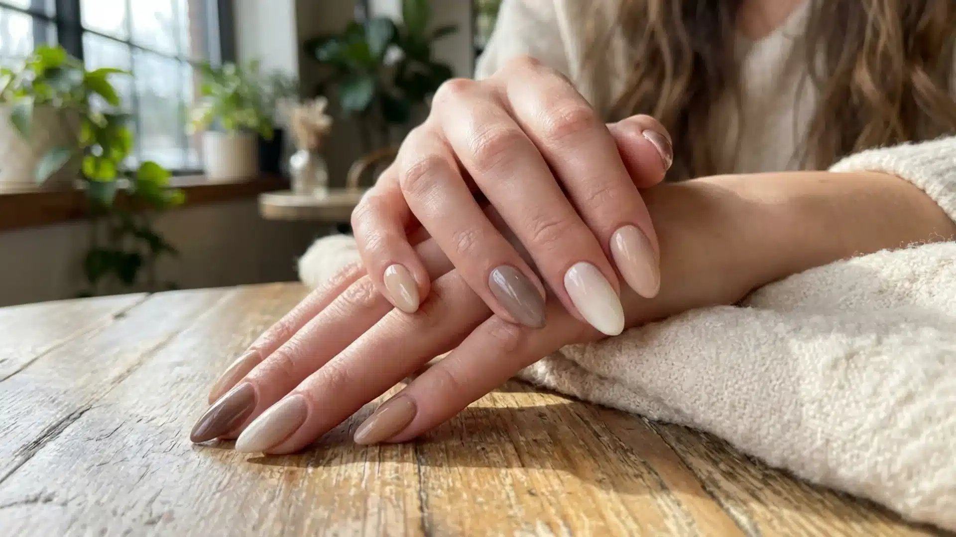 Hand with Neutral Blend nails featuring soft beige, taupe, and cream tones