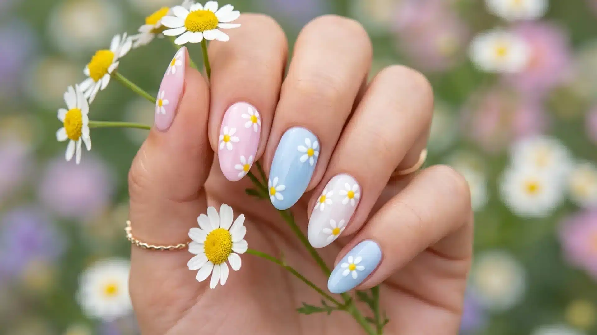 Hand with pastel almond nails featuring daisy flower nail art, soft pink and blue shades, glossy spring design