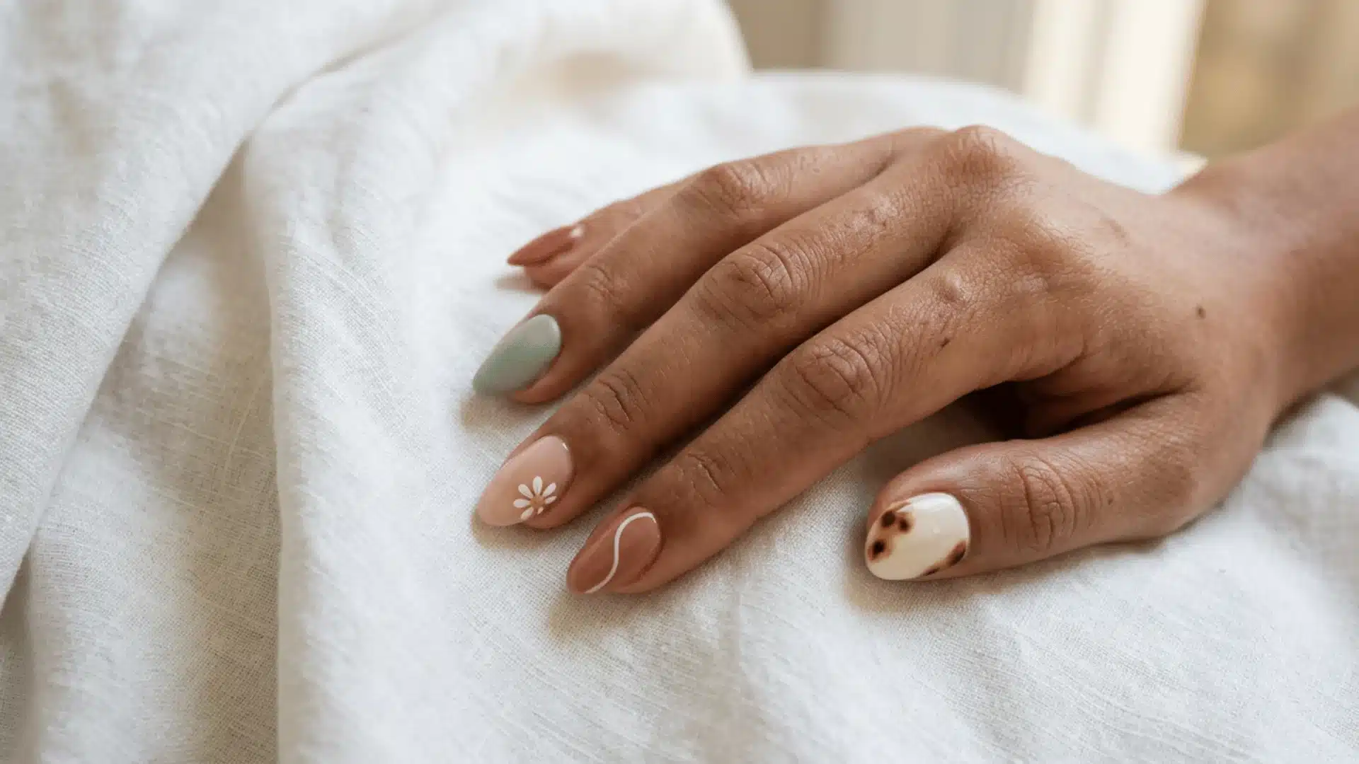 Hand with pastel floral nail art resting on white fabric, showing a soft green, nude, and tortoise accent manicure